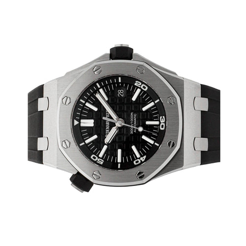 Audemars Piguet Royal Oak Offshore men's watch with stainless steel case and black dial, showcasing the luxury timepiece.