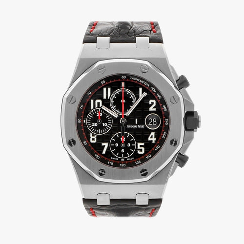Audemars Piguet Royal Oak Offshore men's watch with stainless steel case, black dial, and sporty design.