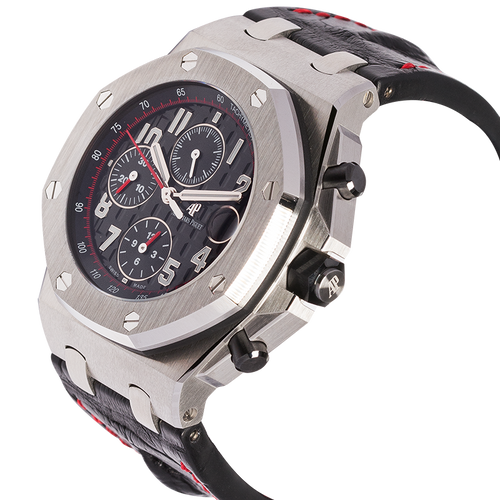 Audemars Piguet Royal Oak Offshore men's watch with stainless steel case, black dial, and sporty design.