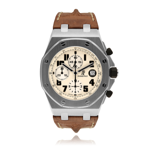 Audemars Piguet Royal Oak Offshore men's watch with stainless steel case, black dial, and sporty design.