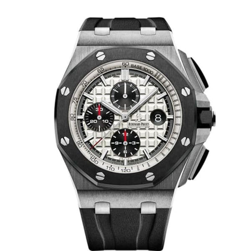 Audemars Piguet Royal Oak Offshore men's watch with stainless steel case, black dial, and sporty design.
