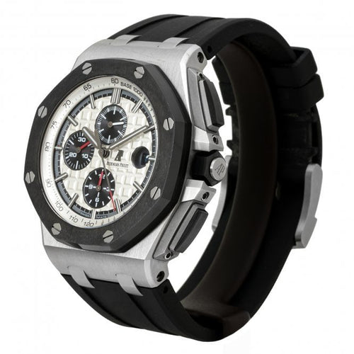 Audemars Piguet Royal Oak Offshore men's watch with stainless steel case, black dial, and sporty design.