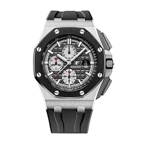 Audemars Piguet Royal Oak Offshore men's watch with stainless steel case, black dial, and sporty design.