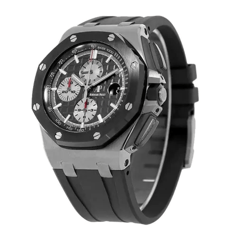 Audemars Piguet Royal Oak Offshore men's watch with stainless steel case, black dial, and sporty design.
