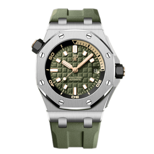 Audemars Piguet Royal Oak Offshore men's watch with stainless steel case and black dial, featuring chronograph functions.