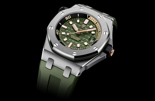 Audemars Piguet Royal Oak Offshore men's watch with stainless steel case and black dial, featuring chronograph functions.
