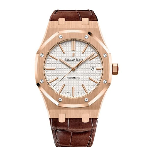 Audemars Piguet Royal Oak men's watch with rose gold case, black dial, and stainless steel bracelet, showcasing luxury watch craftsmanship.