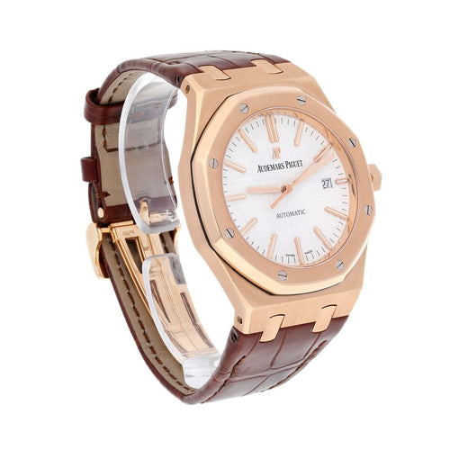 Audemars Piguet Royal Oak men's watch with gold case, black dial, and stainless steel bracelet, showcasing luxury timepiece design.