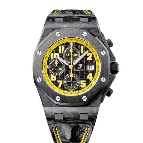 Audemars Piguet Royal Oak Offshore men's watch with black dial, stainless steel case, and sporty design.