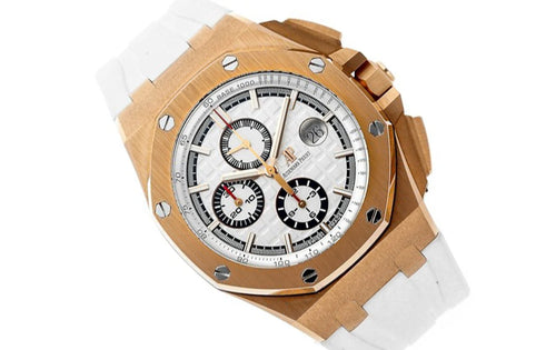 Audemars Piguet Royal Oak Offshore men's watch with a wine-colored dial, stainless steel case, and black strap.