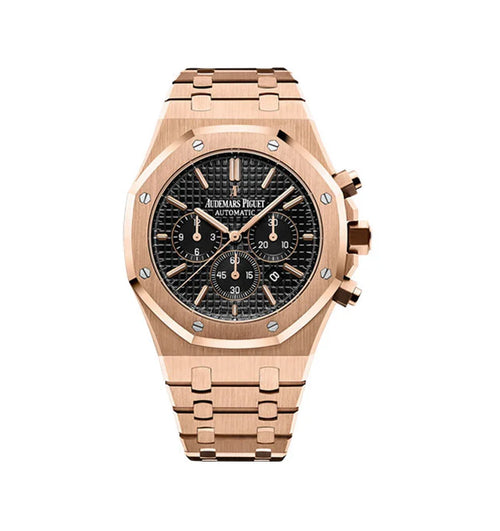 Audemars Piguet Royal Oak men's watch with gold case and black leather strap, showcasing a detailed dial and luxury design.