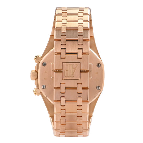 Audemars Piguet Royal Oak men's watch with gold case and brown leather strap, showcasing the elegant timepiece.