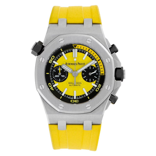 Audemars Piguet Royal Oak Offshore men's watch with stainless steel case, black dial, and bold design.