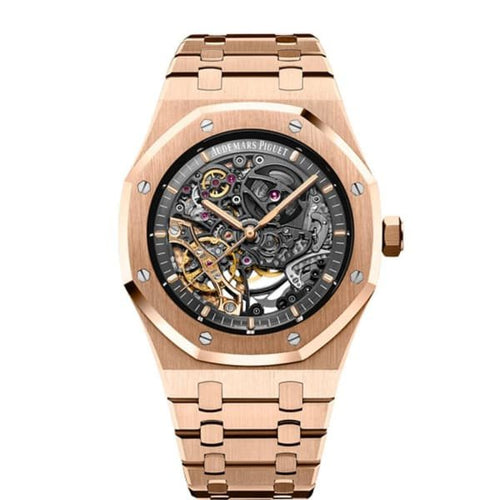 Audemars Piguet Royal Oak men's watch with gold case, silver dial, and octagonal bezel, showcasing luxurious watch design.