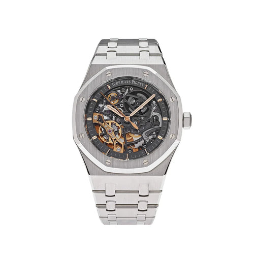 Audemars Piguet Royal Oak men's watch with stainless steel case, silver dial, and integrated bracelet.