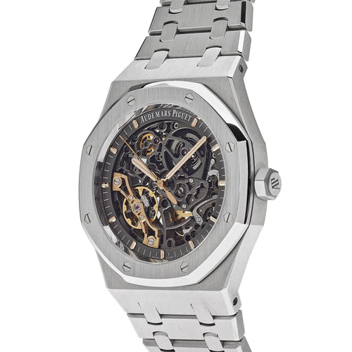 Audemars Piguet Royal Oak men's watch with stainless steel case and bracelet, featuring a dark dial and iconic octagonal bezel.