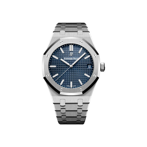 Audemars Piguet Royal Oak men's watch with stainless steel case and black dial, featuring iconic octagonal bezel and date display.