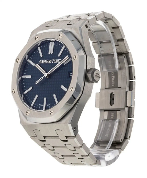 Audemars Piguet Royal Oak men's watch with stainless steel case and bracelet, silver dial, and date display.