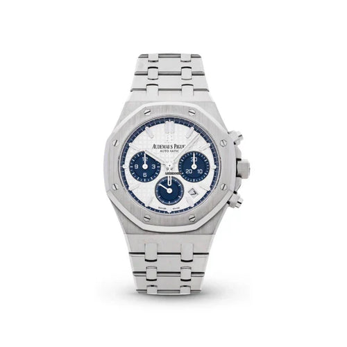 Audemars Piguet Royal Oak men's watch with stainless steel case, silver dial, and integrated bracelet, showcasing a luxury timepiece.