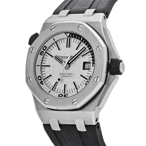 Audemars Piguet Royal Oak Offshore men's watch with stainless steel case, black dial, and sporty design.