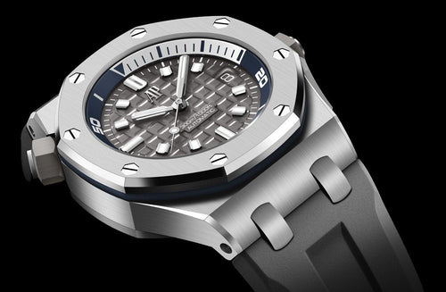 Audemars Piguet Royal Oak Offshore men's watch with stainless steel case, black dial, and chronograph features.