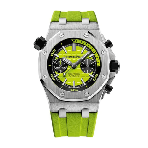 Audemars Piguet Royal Oak Offshore men's watch with stainless steel case, black dial, and textured strap.