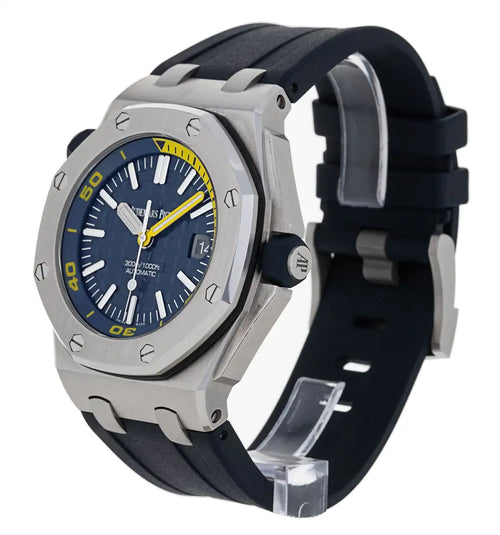 Audemars Piguet Royal Oak Offshore men's watch with stainless steel case and black dial, featuring chronograph functions.