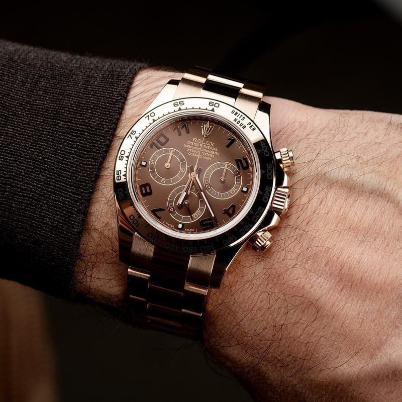 ROLEX PERPETUAL SUPERLATIVE CHRONOMETER OFFICIALLY CERTIFIED COSMOGRAPH DAYTONA WATCH brown WITH STAINLESS STEEL rose gold BELT