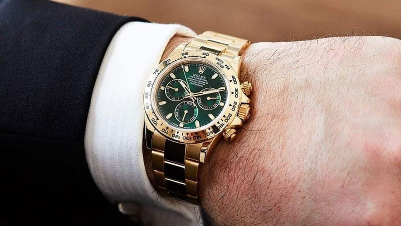 ROLEX PERPETUAL SUPERLATIVE CHRONOMETER OFFICIALLY CERTIFIED COSMOGRAPH DAYTONA WATCH GREEN WITH STAINLESS STEEL GOLD BELT