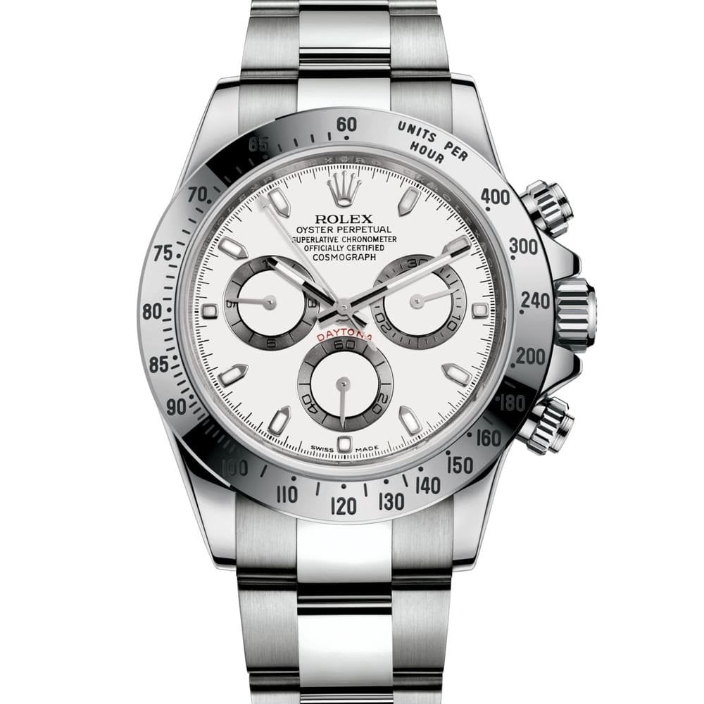 ROLEX PERPETUAL SUPERLATIVE CHRONOMETER OFFICIALLY CERTIFIED COSMOGRAPH DAYTONA WATCH WHITE WITH STAINLESS STEEL SILVER BELT