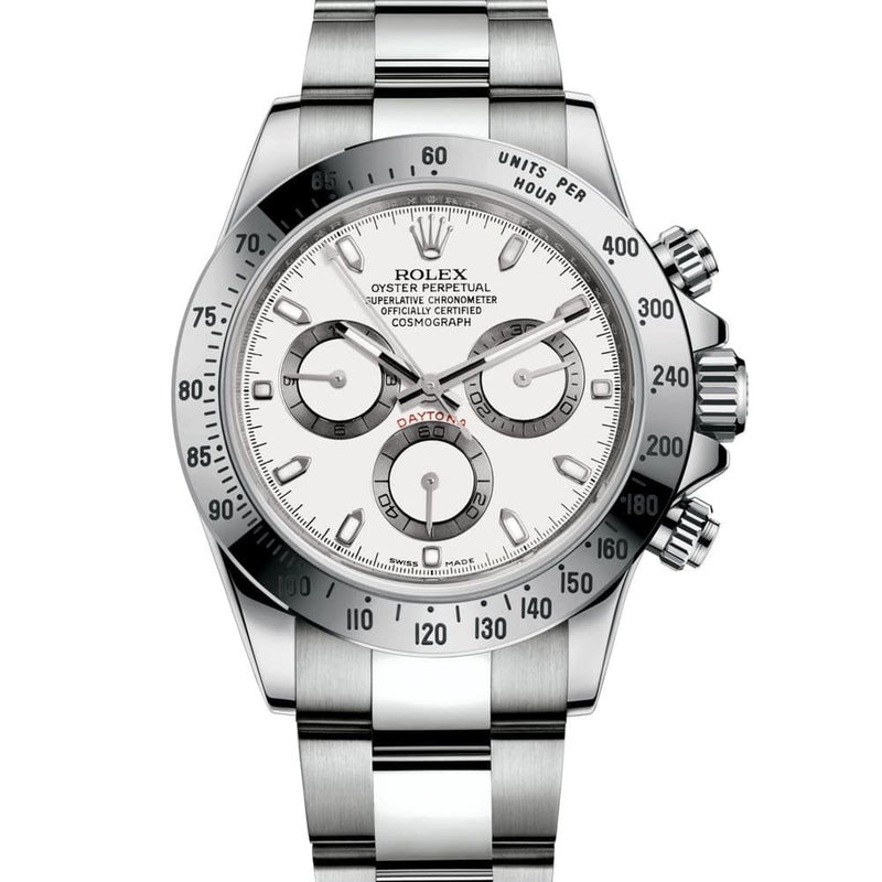 ROLEX PERPETUAL SUPERLATIVE CHRONOMETER OFFICIALLY CERTIFIED COSMOGRAPH DAYTONA WATCH WHITE WITH STAINLESS STEEL SILVER BELT