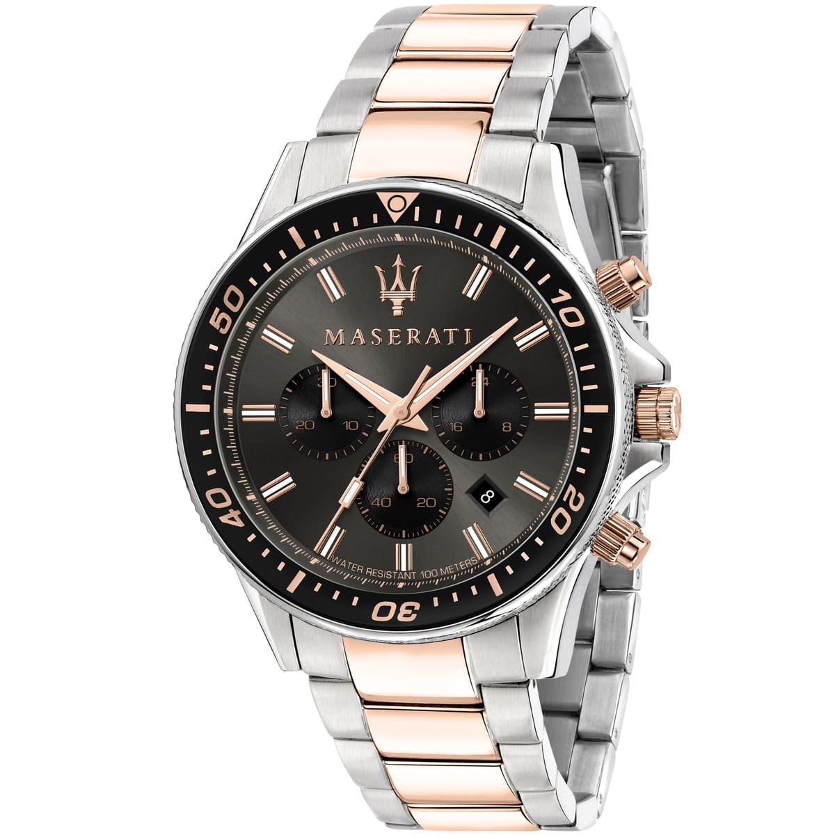Maserati men's original watch R8873640002 with a sleek wine-colored dial and stainless steel band, displayed on a white background.