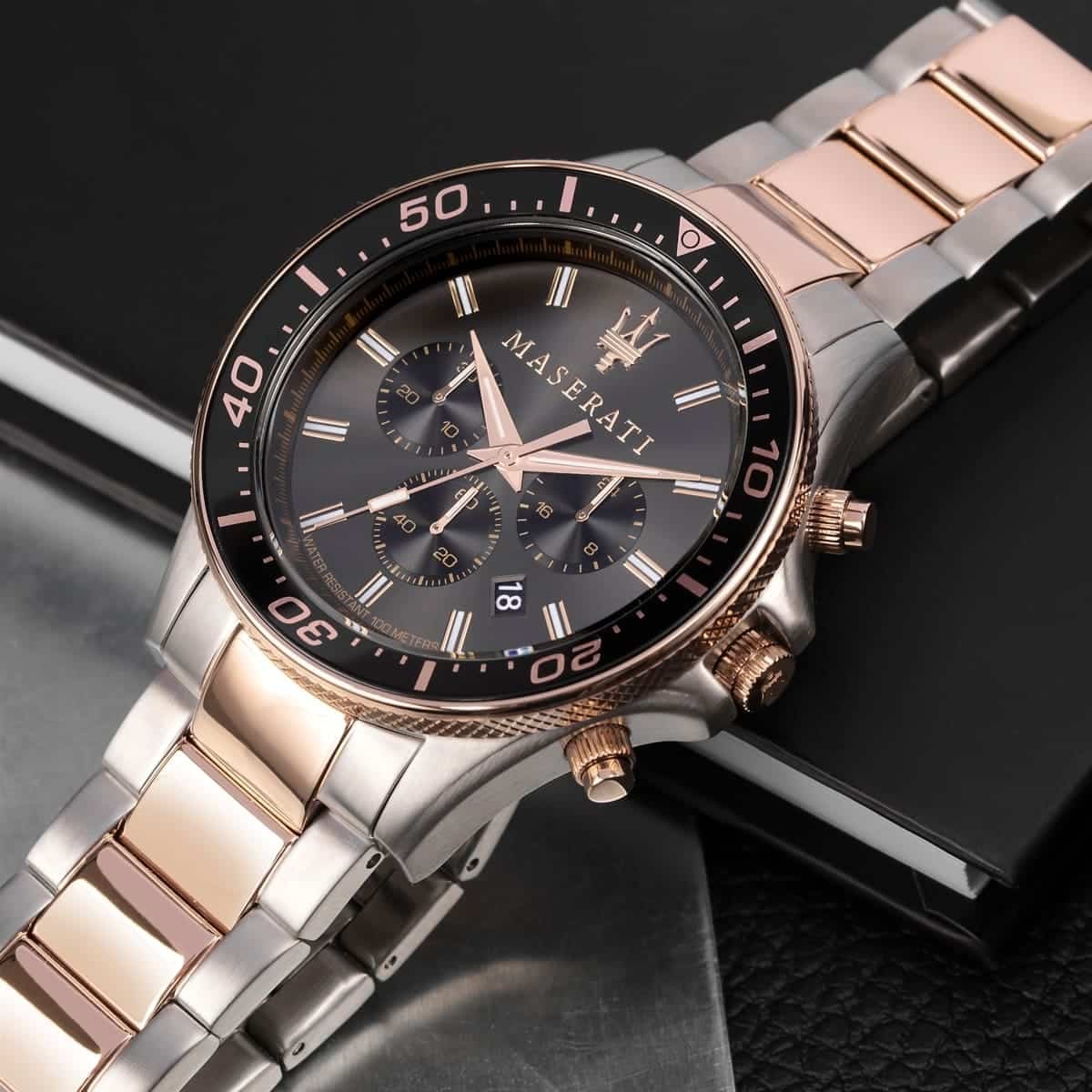 Maserati men's original watch R8873640002 with a sleek design, featuring a dark dial and stainless steel band.