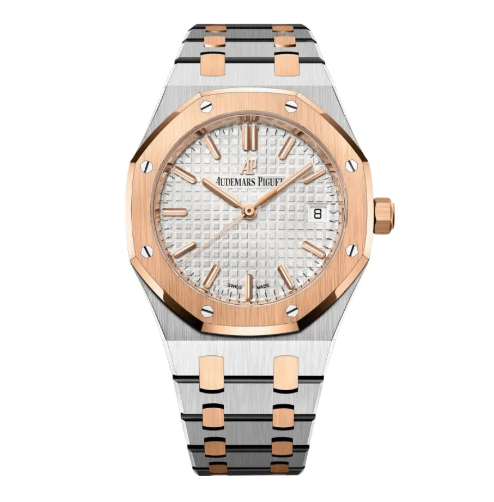 Audemars Piguet Royal Oak women's watch with a wine-colored dial and stainless steel case, showcasing elegant luxury timepiece design.