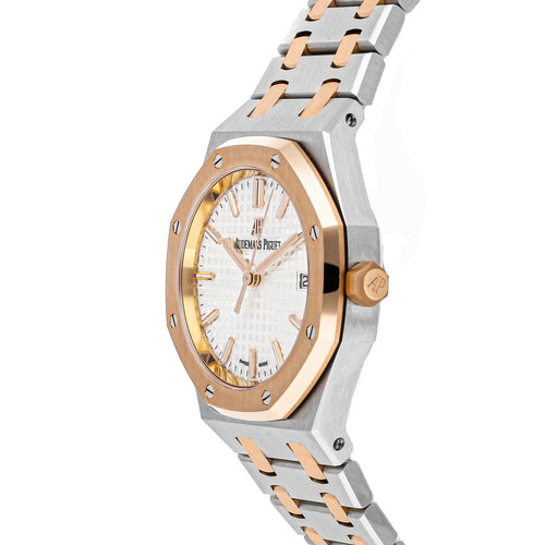 Audemars Piguet Royal Oak women's watch with a wine-colored dial and stainless steel case, featuring a sophisticated design.