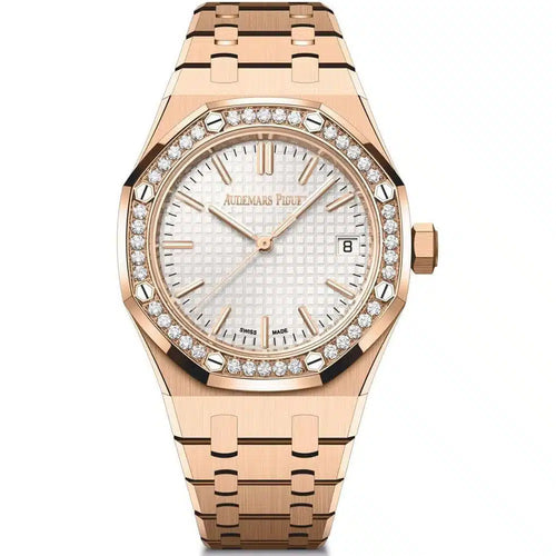 Audemars Piguet Royal Oak women's watch with a wine-colored dial and gold case, featuring a luxurious and elegant design.