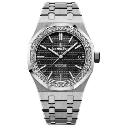 Audemars Piguet Royal Oak women's watch with stainless steel case and bracelet, featuring a silver dial and elegant design.