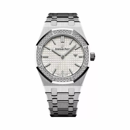 Audemars Piguet Royal Oak women's watch with stainless steel case and silver dial, featuring a sophisticated luxury design.