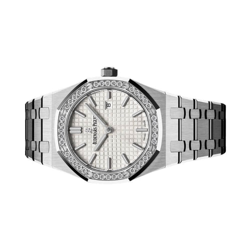 Audemars Piguet Royal Oak women's watch with stainless steel case and bracelet, featuring a dark dial and elegant design.