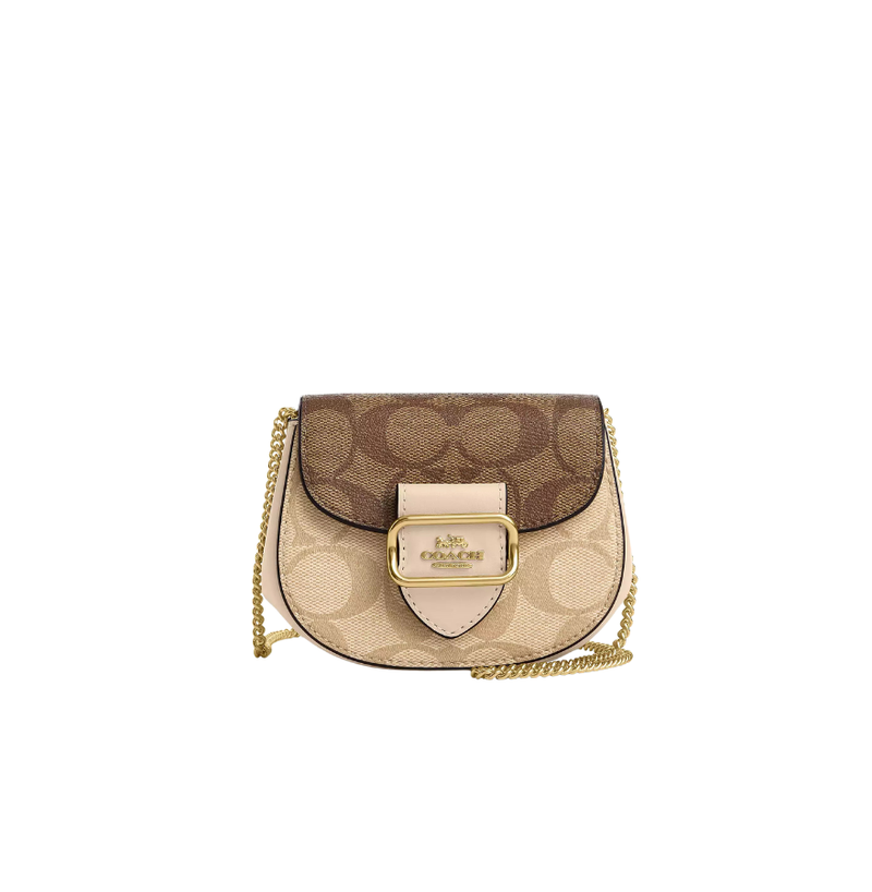 Coach Morgan Card Case On A Chain In Blocked Signature Canvas Light Khaki Ivory