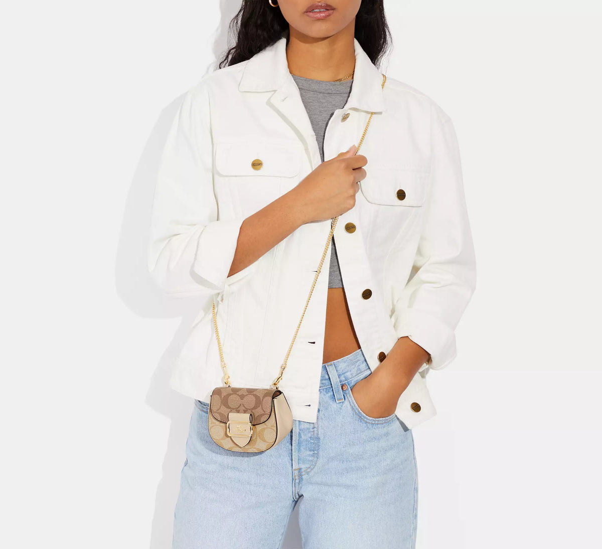Coach Morgan Card Case On A Chain In Blocked Signature Canvas Light Khaki Ivory