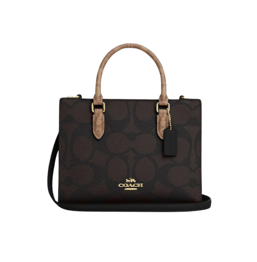 Coach Maggie Small Tote Bag In Blocked Signature Canvas Walnut Tan