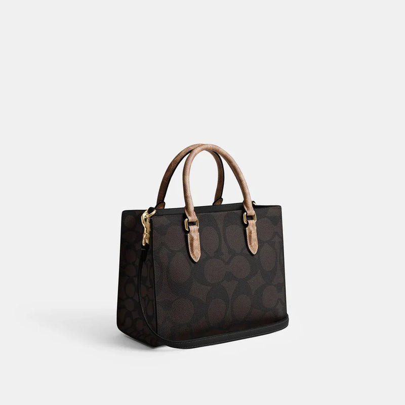 Coach Maggie Small Tote Bag In Blocked Signature Canvas Walnut Tan