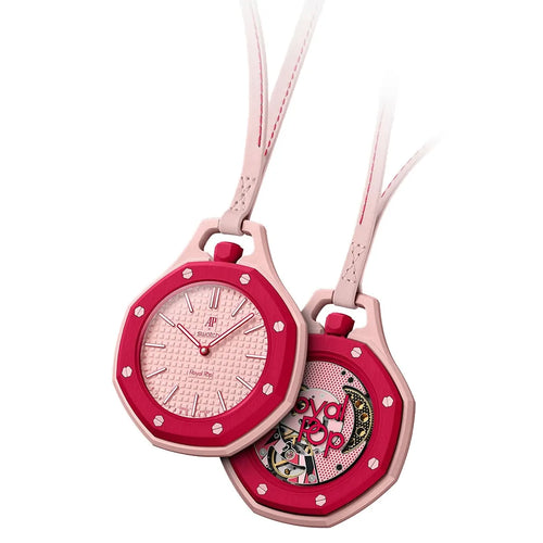 Audemars Piguet x Swatch Royal Pop Otto Rosso unisex pocket watch with pink dial and cherry red bezel, displayed close-up.
