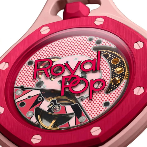 Audemars Piguet x Swatch Royal Pop Otto Rosso unisex pocket watch with pink dial and cherry red bezel, showcasing a stylish design.