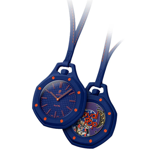 Audemars Piguet x Swatch Royal Pop ORENJI HACHI unisex pocket watch with vibrant orange dial and sleek silver case.