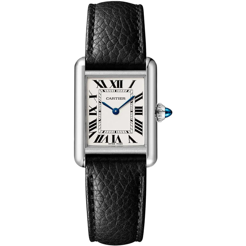 Cartier Men’s Silver-Tone Rectangular Watch with Black Leather Strap