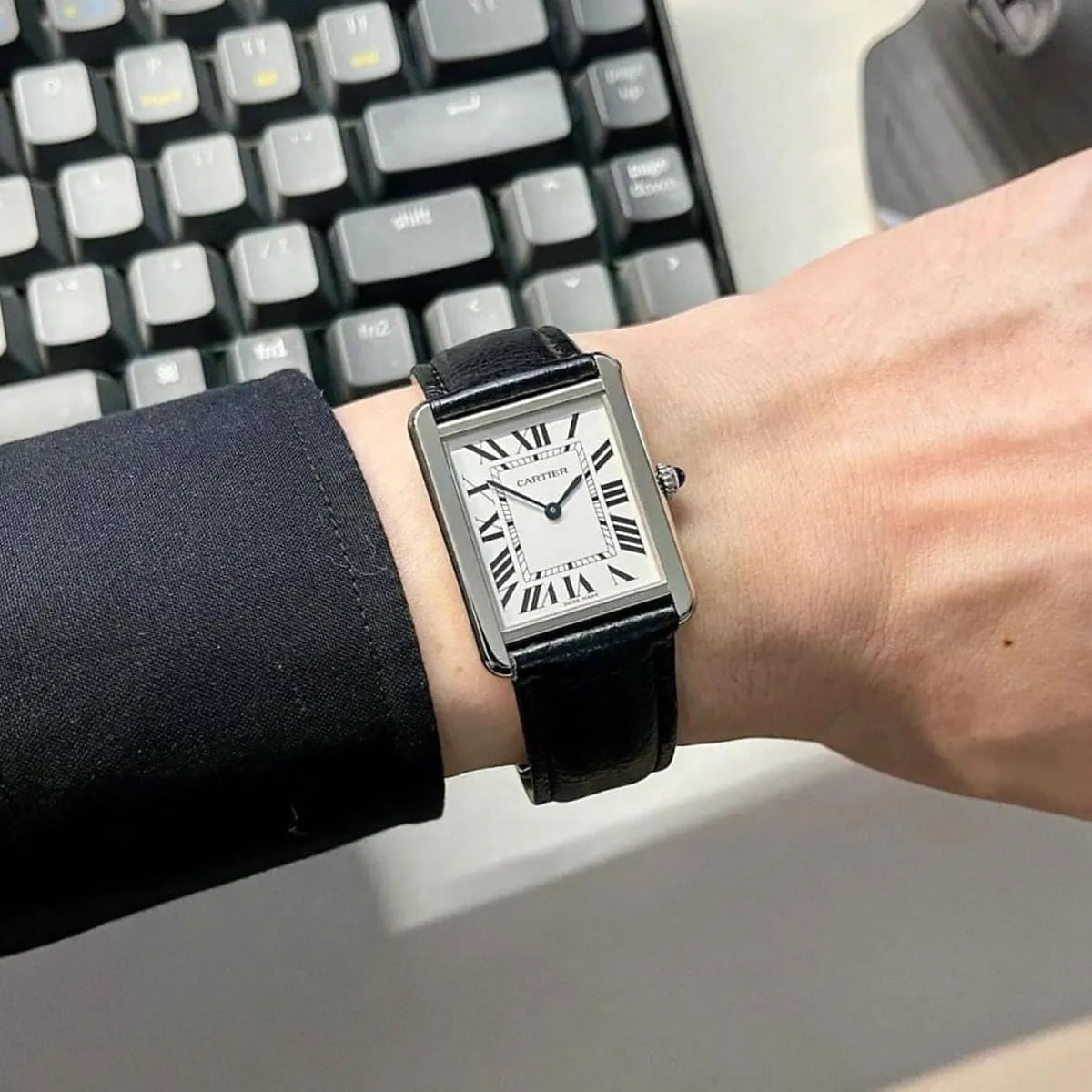 Cartier Men’s Silver-Tone Rectangular Watch with Black Leather Strap