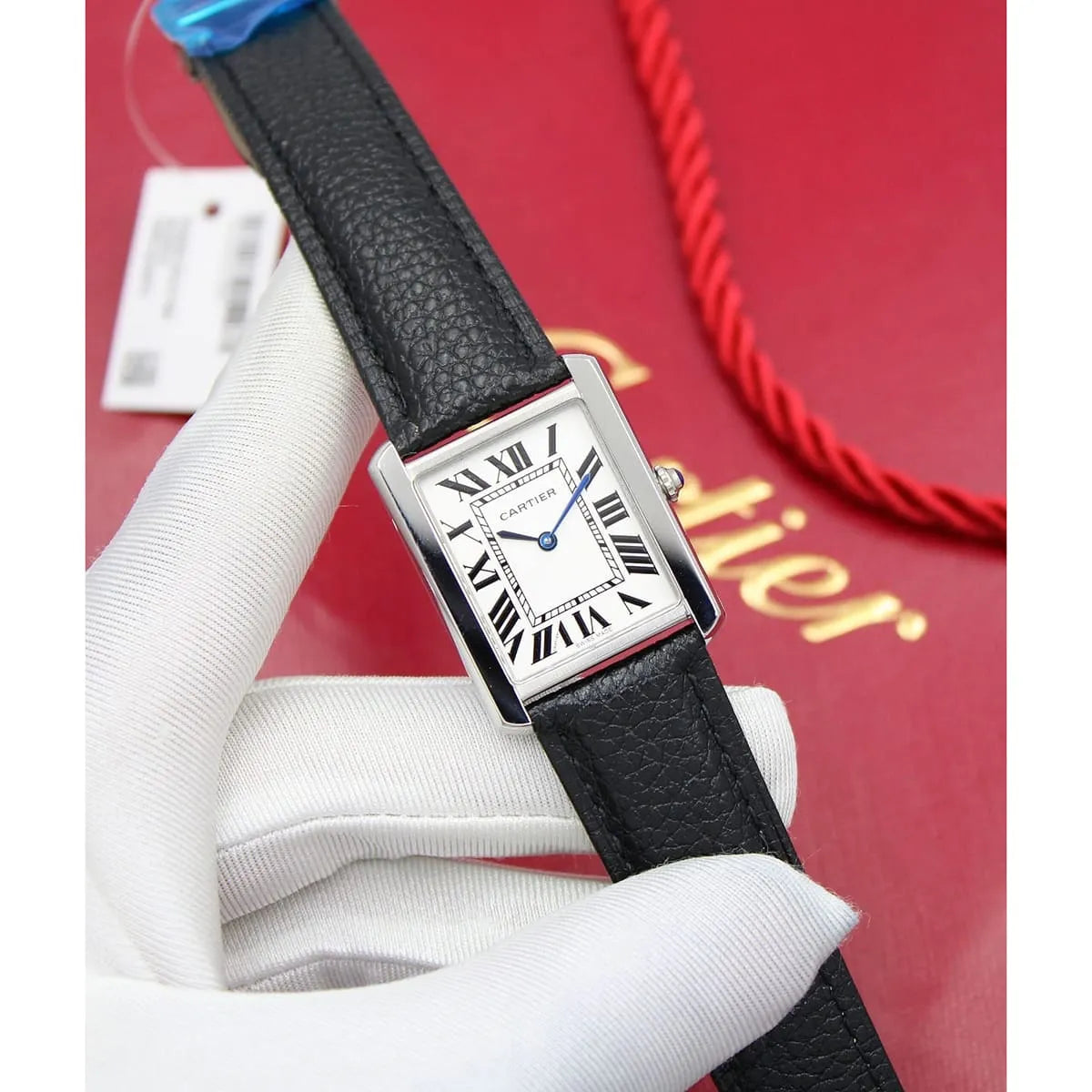 Cartier Men’s Silver-Tone Rectangular Watch with Black Leather Strap