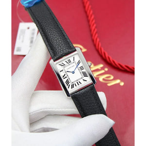 Cartier Men’s Silver-Tone Rectangular Watch with Black Leather Strap